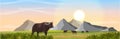 A herd of African black buffalo in the savannah. Mountains on the horizon. Realistic vector landscape. Nature and animals of Afric Royalty Free Stock Photo